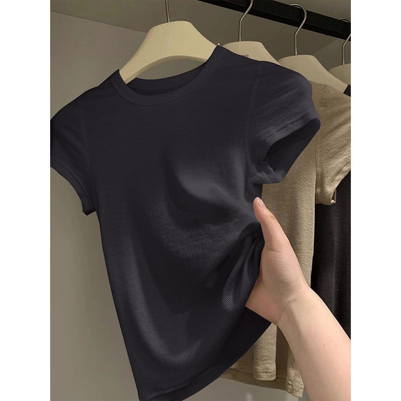 Unique Summer Short Sleeve Cotton T Shirt Women Slim Fit Solid Color Cropped Top Stylish Design