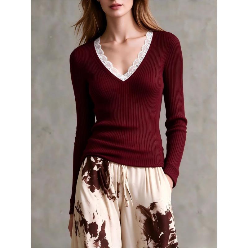 Women S Vintage Lace Splicing Knit Top V Neck Slim Fit Long Sleeve