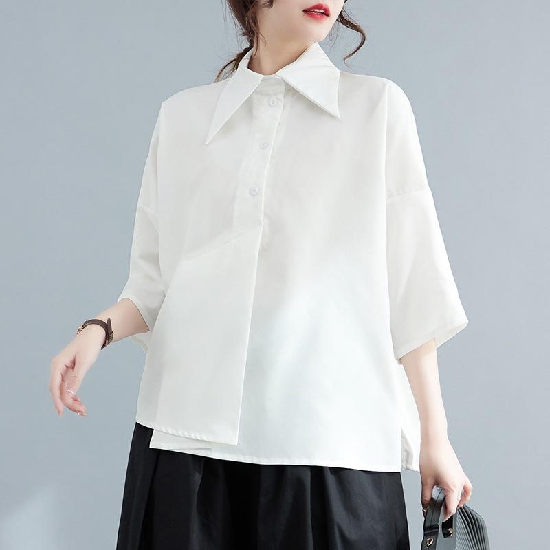 Women's Loose Long Sleeved Shirt with Personality Design Mid Length Asymmetrical Shirt Black Top
