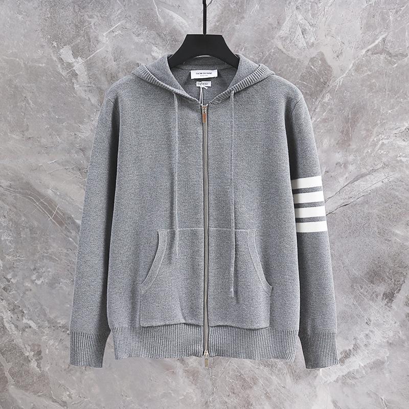 2024 Autumn/Winter Unisex Hooded Knit Cardigan with Double Zipper and Four-Bar Stripe In Academy Style