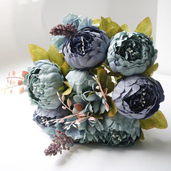 13 Heads Artificial Flower Silk Fabric Realistic Peony Bouquet with Soft Touch Home Wedding Display Office Decoration