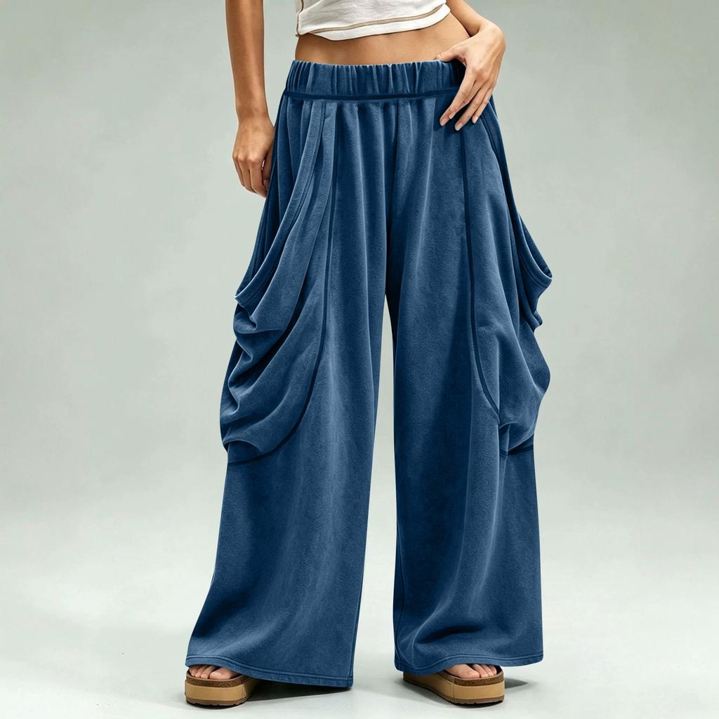 Women's Fashion Wide Leg Pants with Elastic Waist and Large Pockets, Color Loose Fit Casual Trousers