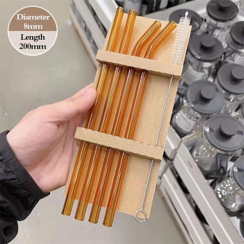 4PCS Reusable Glass Straws Multi-Color Drinking Straw for Milk Tea Juice Cocktail Straight & Bent Straw with Cleaning Brush