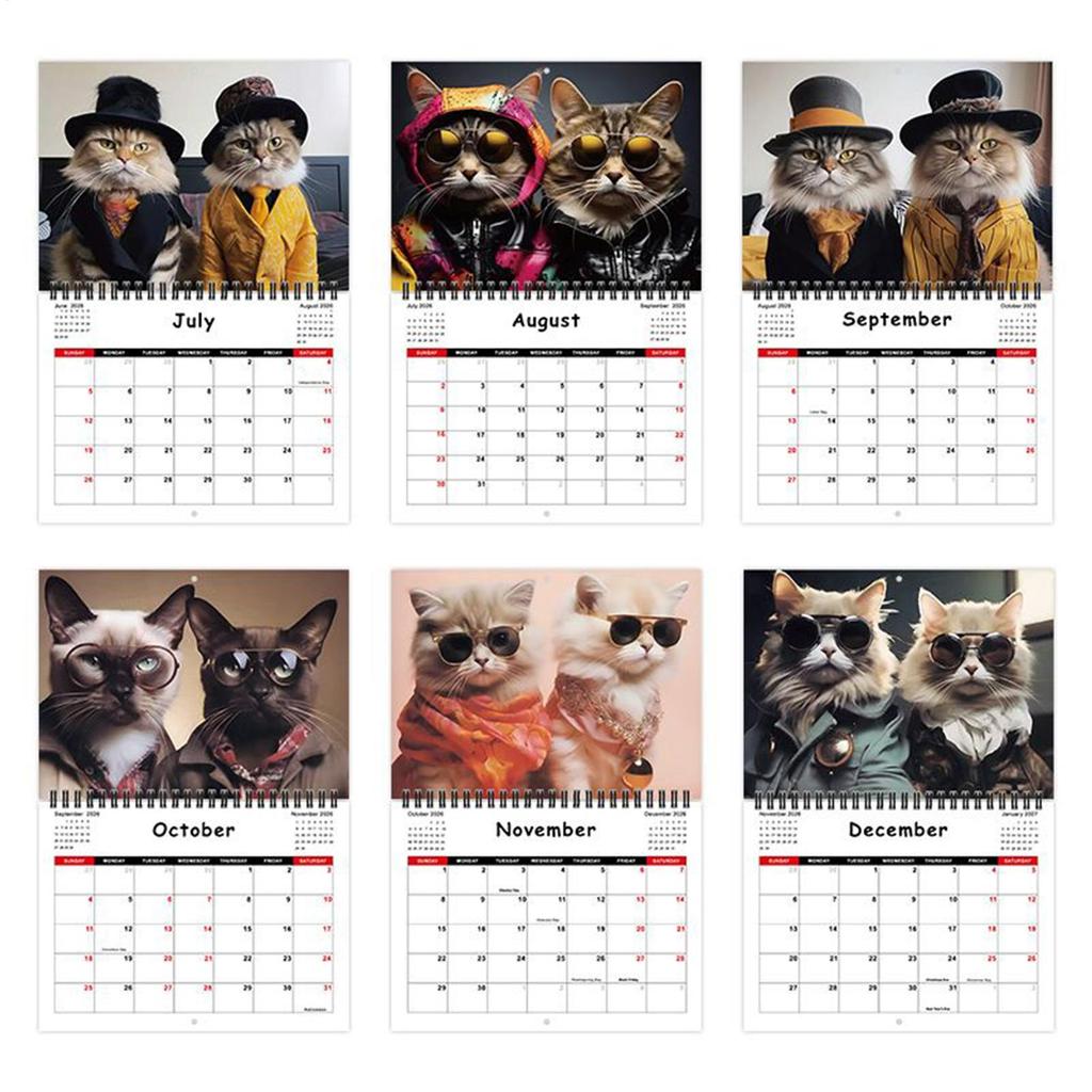 2026 Cat Themed Wall Calendar 12-Month Fashion Cat Decor with Twin-Wire Binding Cute Planner for Home Office & Family Scheduling
