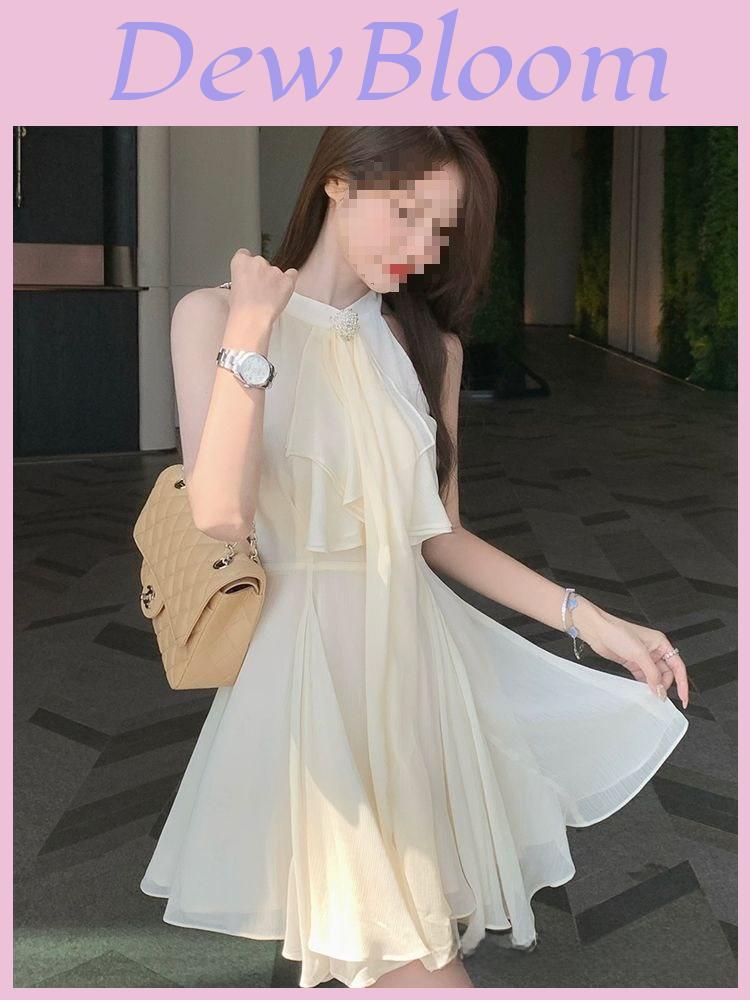 French Lady Irregular Waistless Chiffon Dress With Halter Neck For Summer Fashion