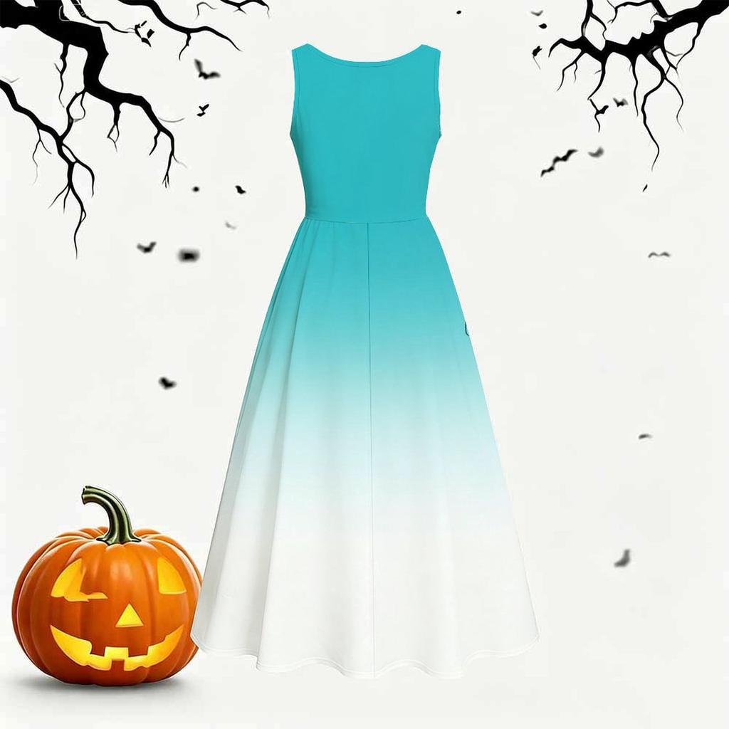 Women Plus Size Round Neck Sleeveless Gradient Printed A Line Bow Waist Dress