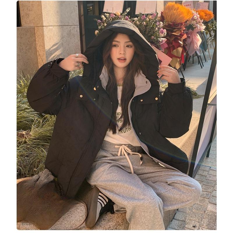 

Зимняя мода Короткое стеганое пальто Женское Свободное с капюшоном Цветной блок Утолщенная Пуховая хлопковая куртка S чёрный