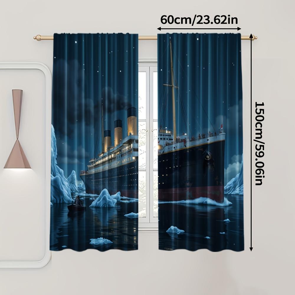 2pcs Titanic-Themed Dark Sheer Curtains – Made of Polyester with Rod Pocket Design, Perfect for Bedroom or Living Room Decor