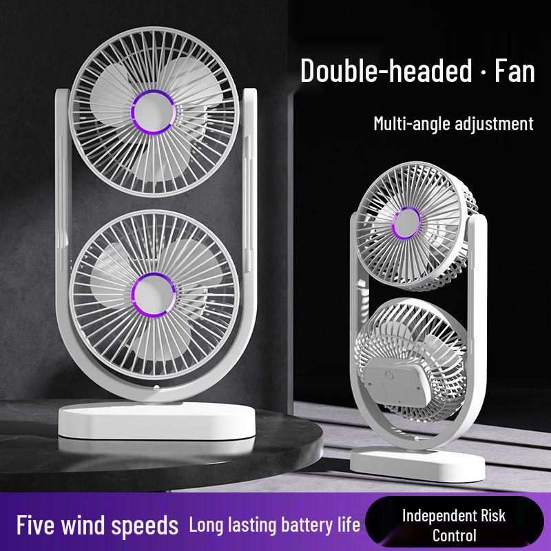 Double-Head USB Desk Fan & Lamp: 5-Speed, Rechargeable for Indoor/Outdoor