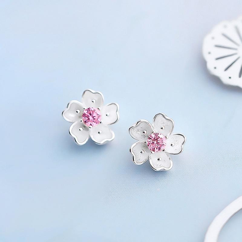 Japan and South Korea Small Fresh Simple Temperament Japanese Cherry Blossom Earrings Sweet Flowers Delicate Pink Purple Diamond Earrings Female