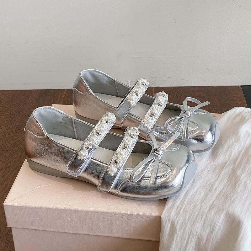 

Французские ретро балетки-бабочки серебристые женские 2025 новые из мягкой кожи с квадратным носком туфли Мэри Джейн на плоской подошве 40 серебряный