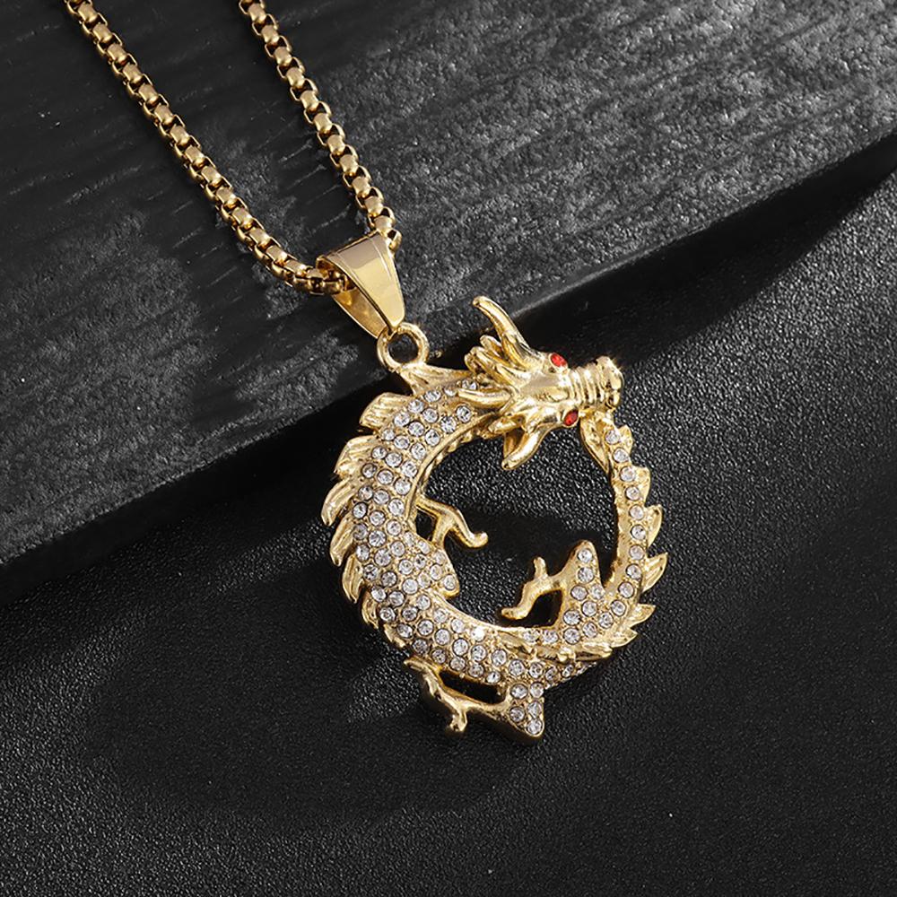 Fashion Hip Hop Bling Iced Out Dragon Round Pendant Necklace for Men Women Stainless Steel Rapper Jewelry Oriental Amulet Gift