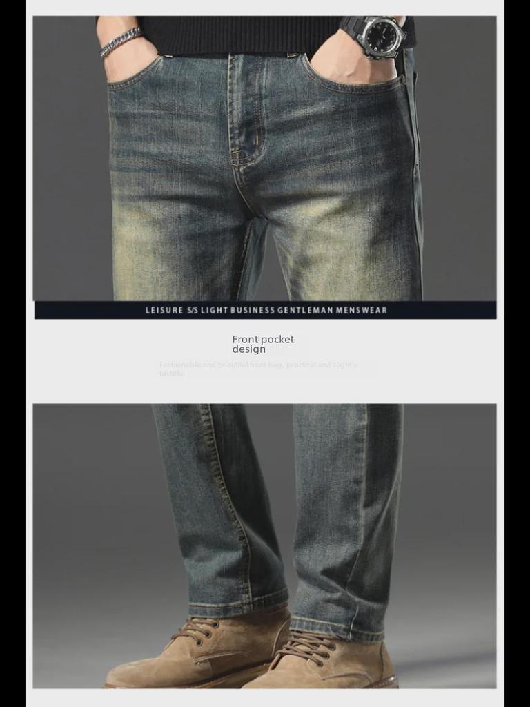 Men's Slim Fit Stretch Jeans - Trendy Mid-High Waist Straight Trousers for Spring & Autumn