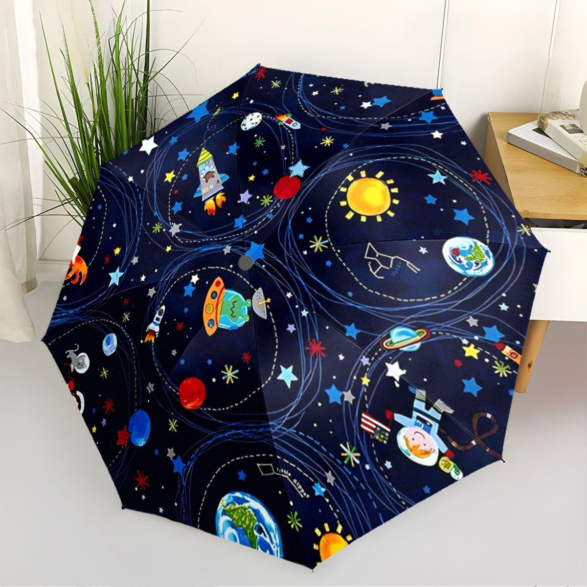 Space-Themed Automatic Folding Umbrella with Rockets & Planets - Portable Collapsible Design, Vibrant Cosmic Art, Lightweight