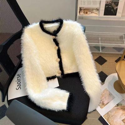 White Short Mohair Sweater Jacket Women's Autumn and Winter Cardigan New Thickened Small Top