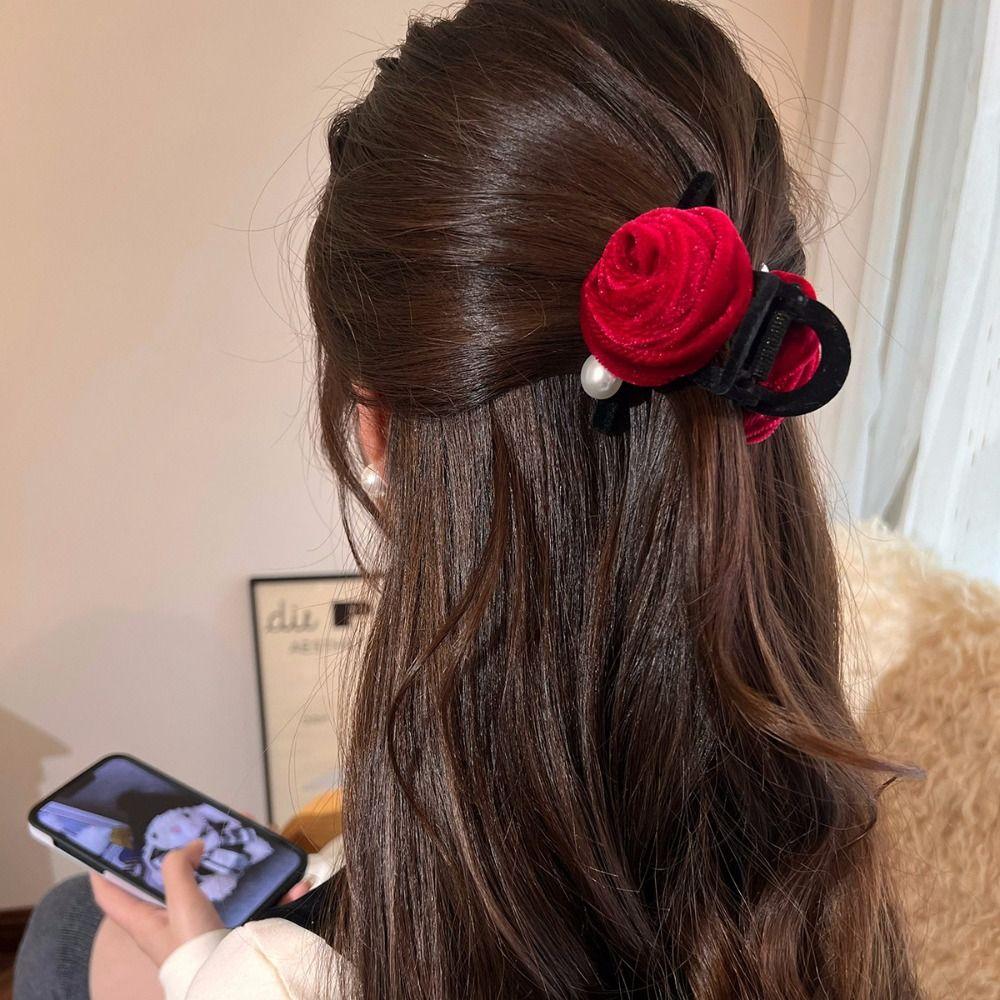 Grab Clip Velvet Bow Hair Claw Pearl Velvet Headband Fashion Red Rose Hair Clip Female