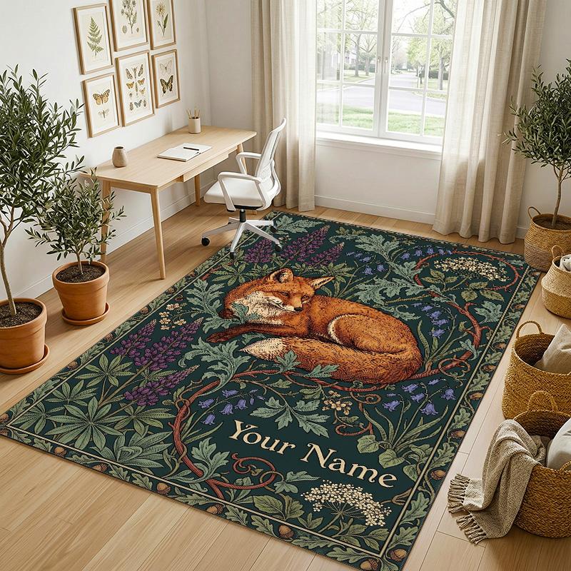 Fox Garden Theme Soft Crystal Velvet Rug Custom Name & Text Print Non Slip Floor Rug for Bedroom Living Room