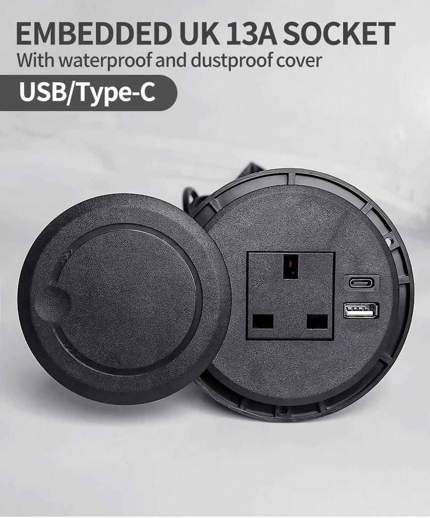 Desktop Socket Multifunctional UK Socket with USB Type-C Recessed Desktop Plug Round Socket
