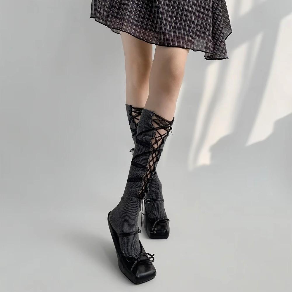 Y2K Mid-calf Socks Lace Trim Mesh Ribbon Socks New Dress Stacking Socks Women