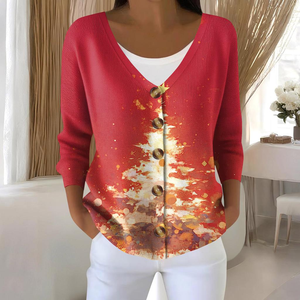 Women's Fashion Long Sleeve Christmas Snowman Snowflake Print Jacket Cardigan