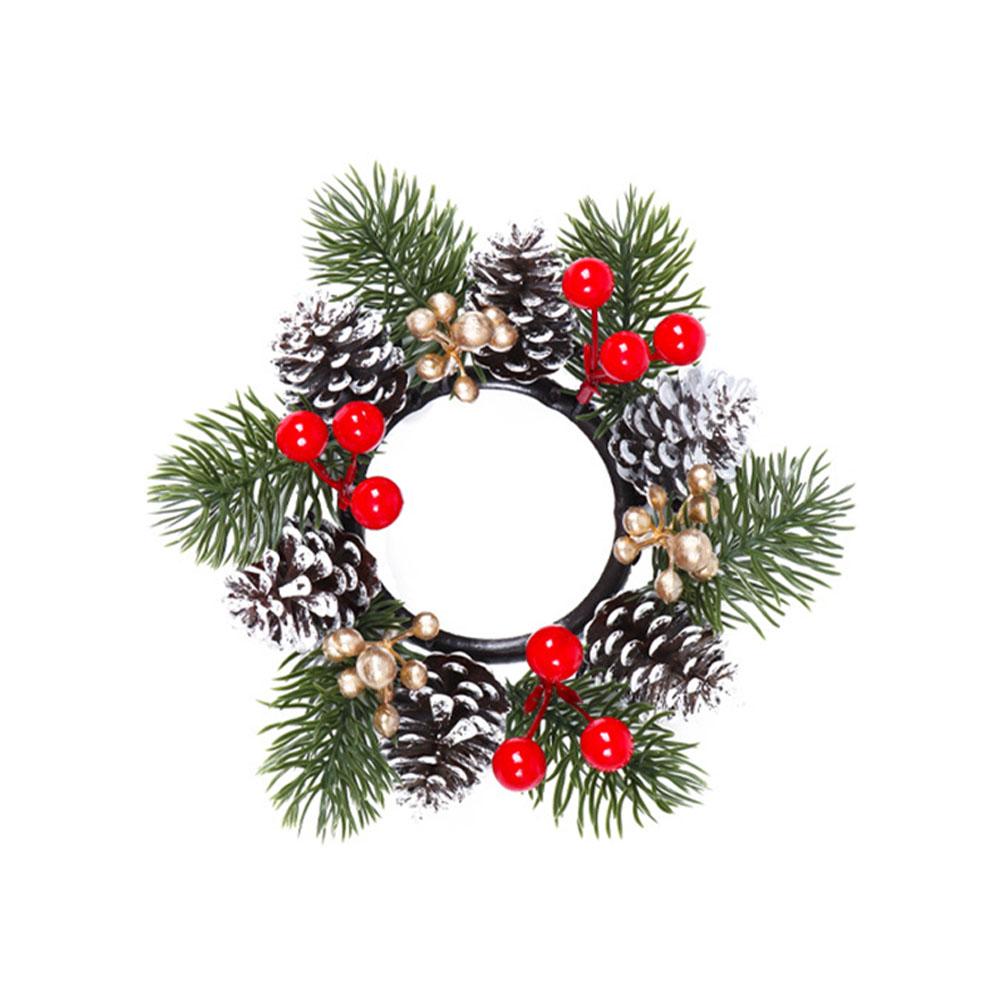 Christmas Candle Rings Wreaths Artificial Norfolk Pine Branches Red Berry Branch Candle Holder Rings Decoration for Centerpieces