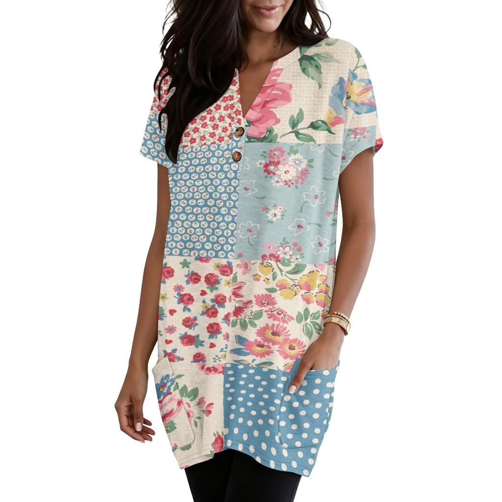 Women's V-Neck Vintage Floral Print Short Sleeve Pullover Top with Pocket