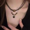 Vintage Leather Brown Stone Pendant Necklace Women's Retro Stacking Choker Temperament Clavicle Chain Hip Hop Jewelry Accessory