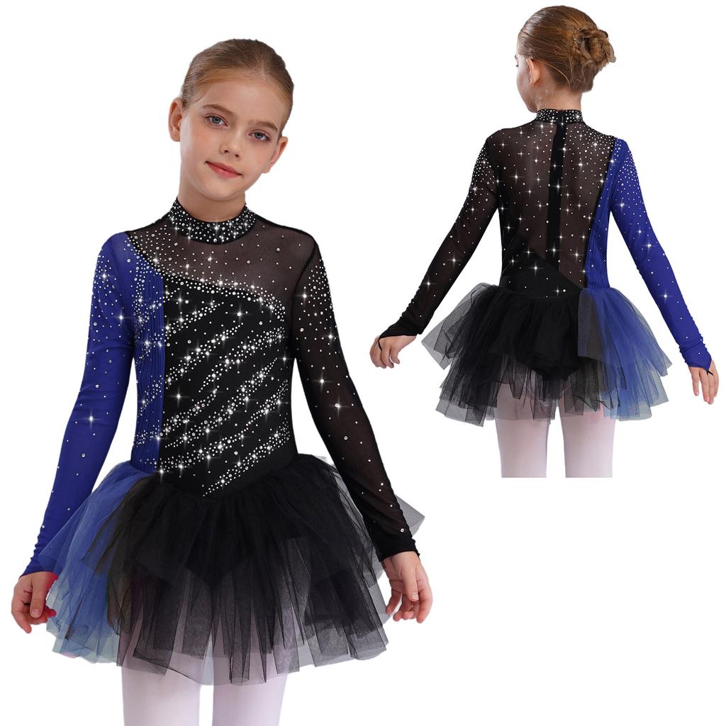 Girls Figure Skating Dress Long Sleeve Sparkling Rhinestones Color Block Patchwork Stage Performance