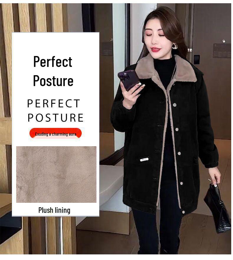 Women's Plus Size Mid-Length Black Velvet Windbreaker - Winter Fashion for Middle-Aged Mothers