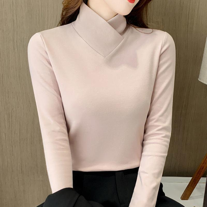 Autumn Winter Fleecing Matching Basic Tops Half High Collar Shirt And Blouse Long Sleeve T-shirt for Women Sweet Elegance Blouse