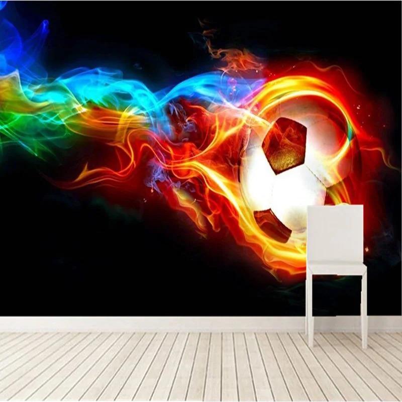 Murale Fotografico 3D Pallone da Calcio Fiamma Colore Freddo Carta da Parati Design per Soggiorno Camera da Letto