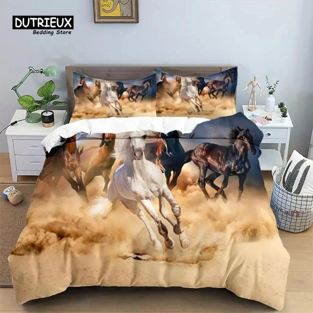 Horse Comforter Cover Set for Kids Toddler Farm Animal Pattern Bedding Set 3 Piece Farmhouse Cowboy Duvet Cover Set