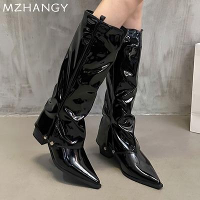 Women Leather Pointed Toe High Boots Knee High Mid Heels Shoes Woman 2025 Trend Designer Winter Elegant Motorcycle Boots Mujer