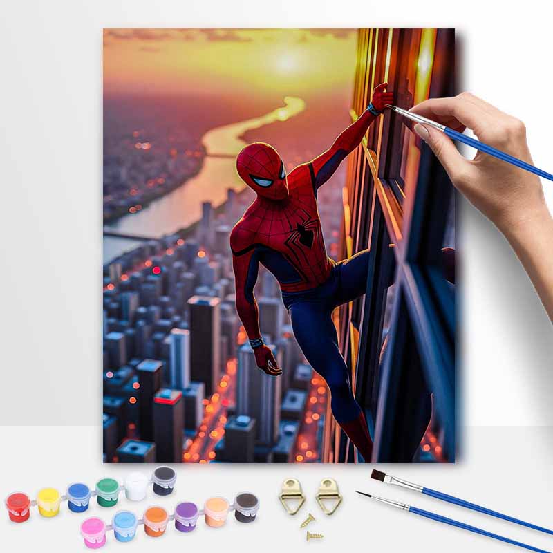 Disney SpiderMan oil paint by numbers painting kit handmade diy home decor gifts wall art canvas sunset city skyscraper view relaxing