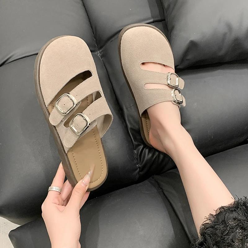 New Women's Suede Mules Slippers Platform Flats Boston Clogs Sandals Fashion Outdoor Indoor Slip On Beach Woman Soft Shoes