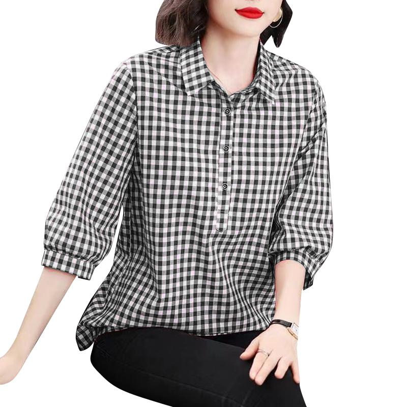 ZANZEA Women Casual Turn Down Collar Grid Printed 3/4 Sleeve Blouse