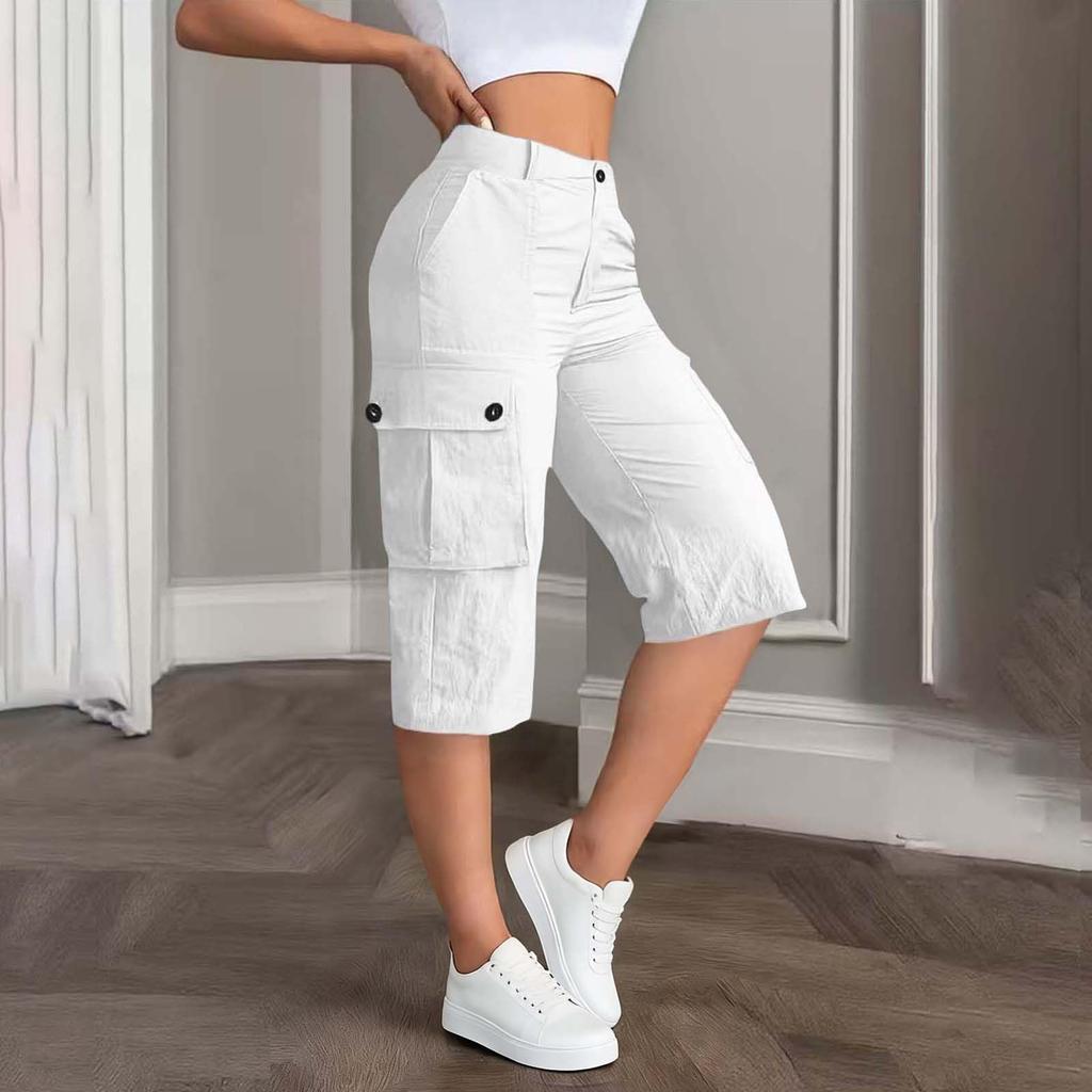 Damen Mid-Waist Relaxed Fit Cargo-Shorts mit elastischem Bund hinten, Knopf- und Reißverschluss, Mehrere Taschen
