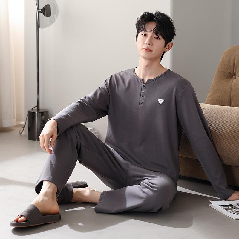 Men'S Pajamas Men'S Spring And Autumn Pure Cotton Long-Sleeved Men'S Autumn Cotton Casual Loungewear Set