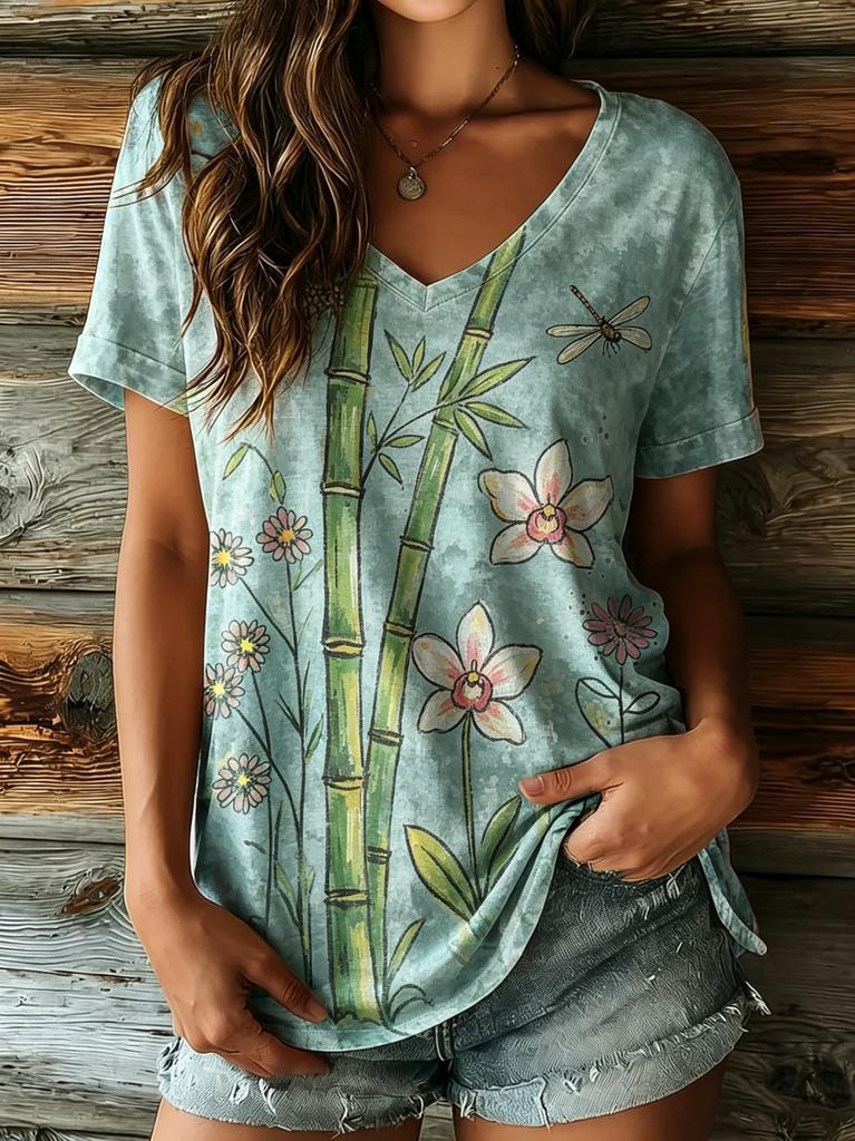 Women's V-Neck Beige Sunflower Rainbow & Hearts Print Short Sleeve T-Shirt, Casual Tops for Spring & Summer