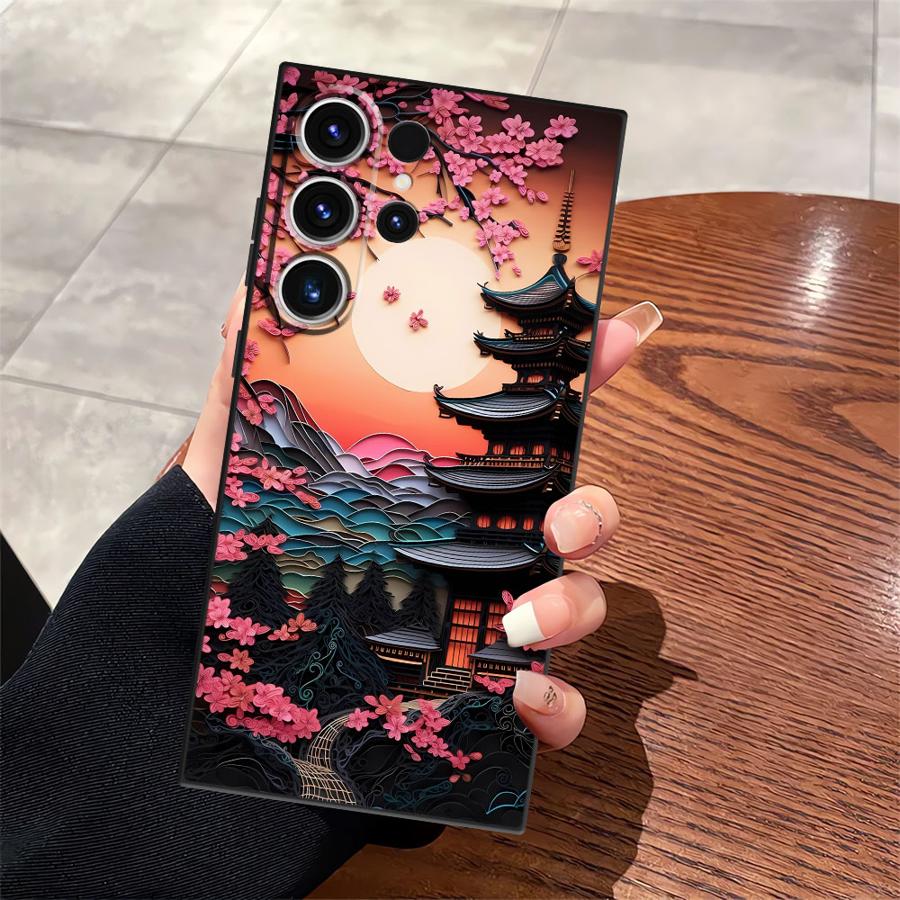 Japanese Ancient House Painting Case for Samsung Galaxy S23 Ultra S25 Edge S24 Plus S20 S21 FE Black Soft Phone Cover