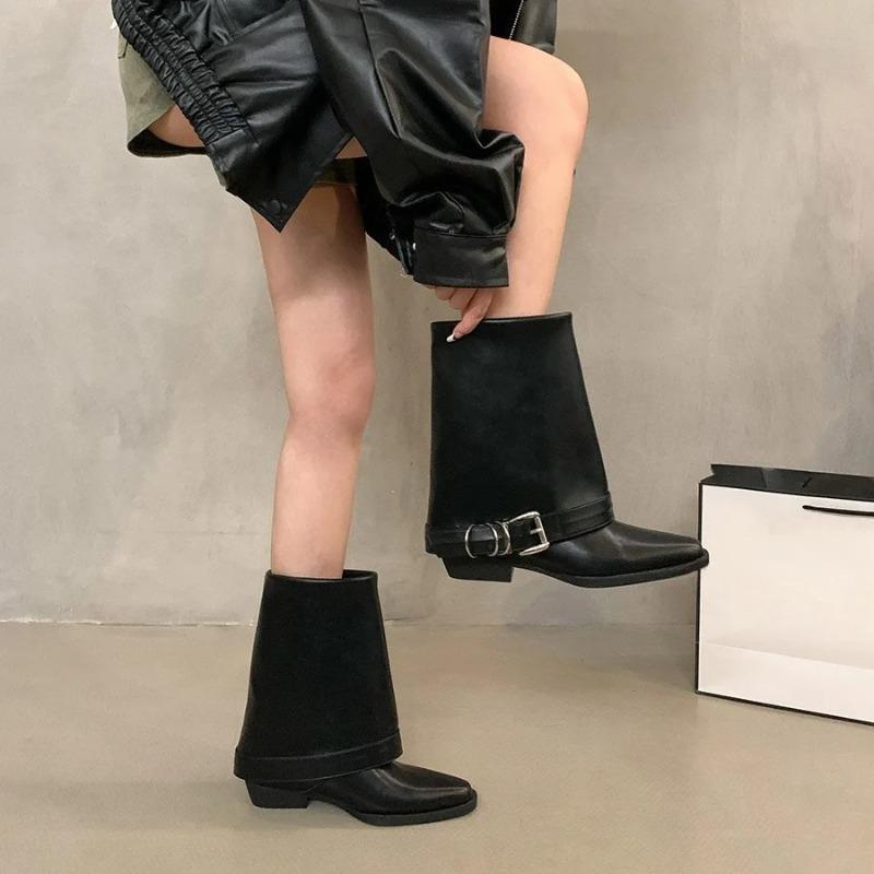 Women's Metal Buckle Pointed Toe Mid Calf Boots with Block Heel Faux Leather Rubber Sole Autumn Winter Fashion Boots