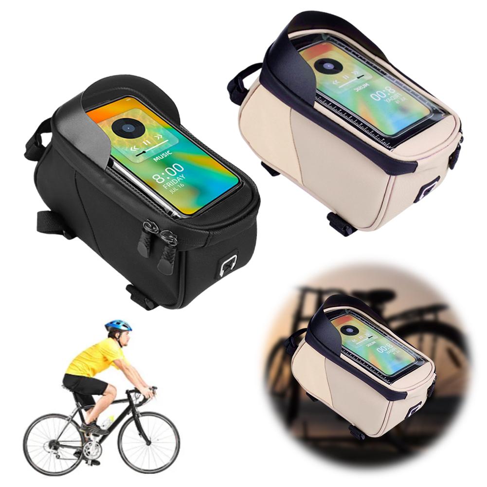 Bike Front Frame Bag Bike Storage Bag Waterproof Bike Phone Holder Bag Touch-Screen 1.5L Cycling Pouch for Phones Under 6.5 Inch
