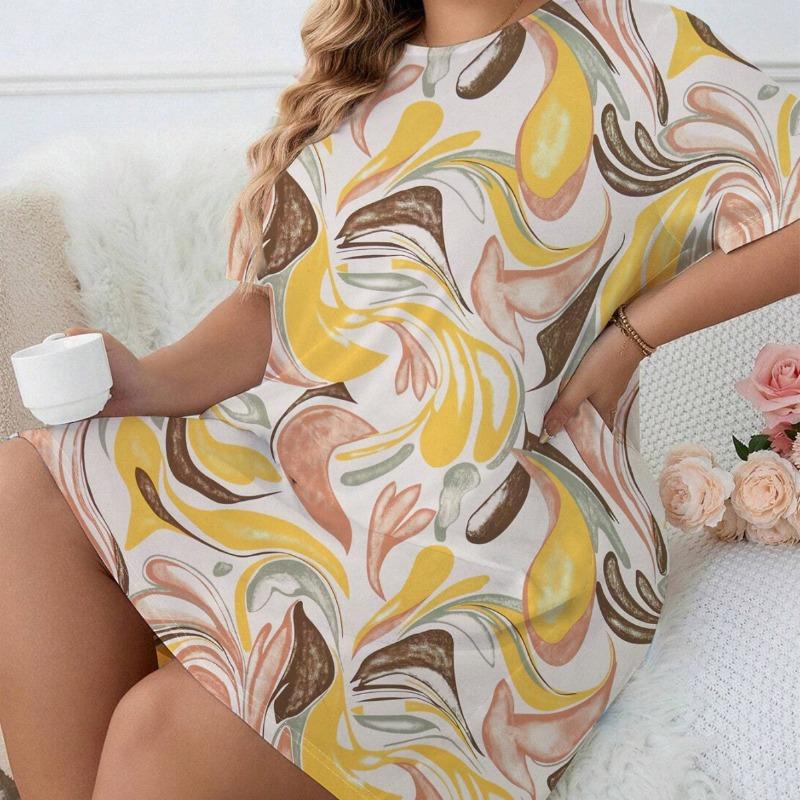 Wiosna Lato Krótkorękawowa Luźna Sukienka do Spania z Nadrukiem Sukienka Domowa Duży Rozmiar Damska Codzienna Sukienka do Spania