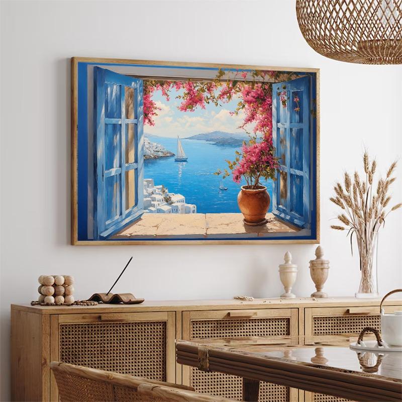 Open Window Santorini Island Ship Aegean Sea Wall Art Poster Print Greece Canvas Painting for Living Room Home Decoration