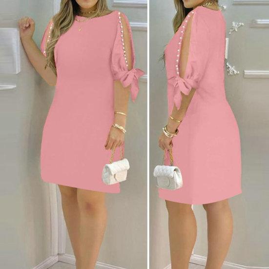 Damen-Kleid, aushöhlen, kurze Ärmel, Rundhalsausschnitt, einfarbig, weich, atmungsaktiv, locker, knielang, Kunstperlen-Dekor, Damen-Midikleid für den Pendelverkehr