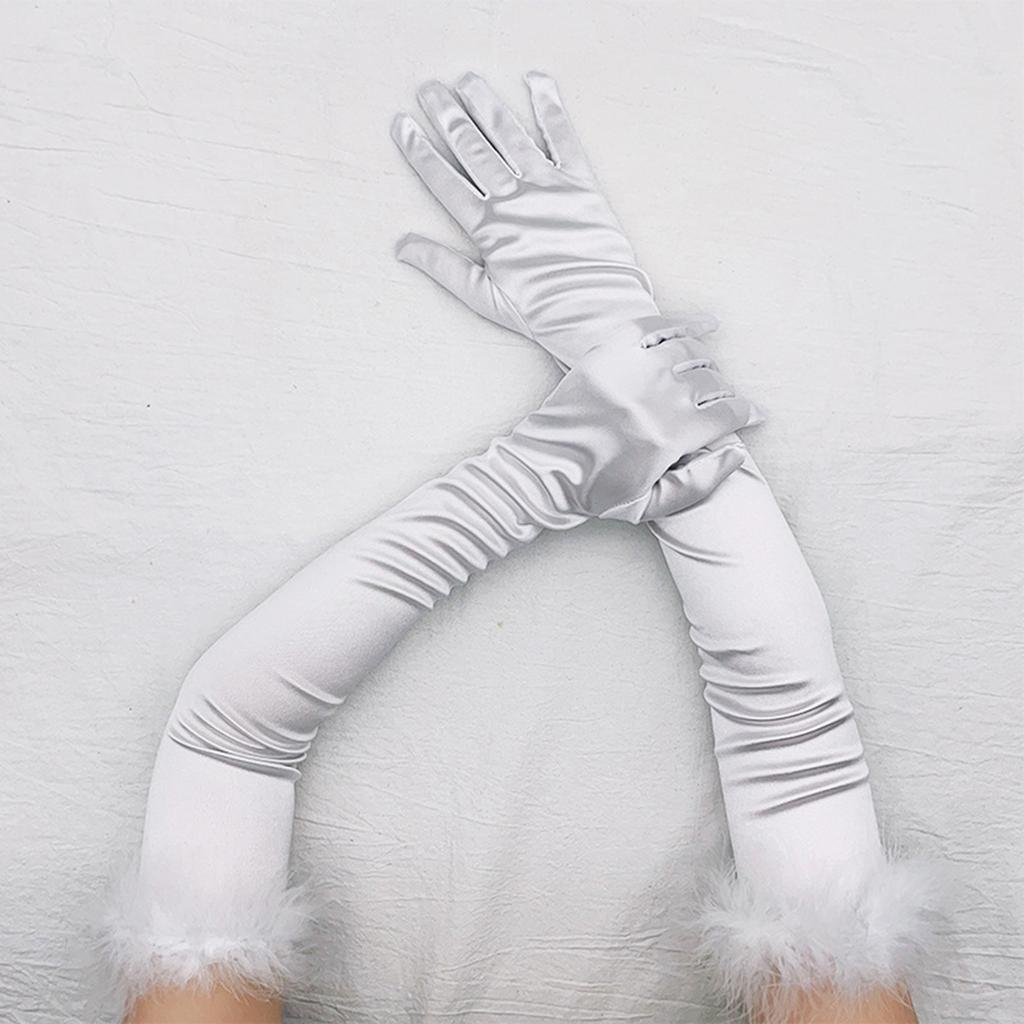 Feather Cuffs Long Sleeve Gloves Banquet Dress Gloves Solid Color Warm Satin Elastic Summer Spring Driving Gloves