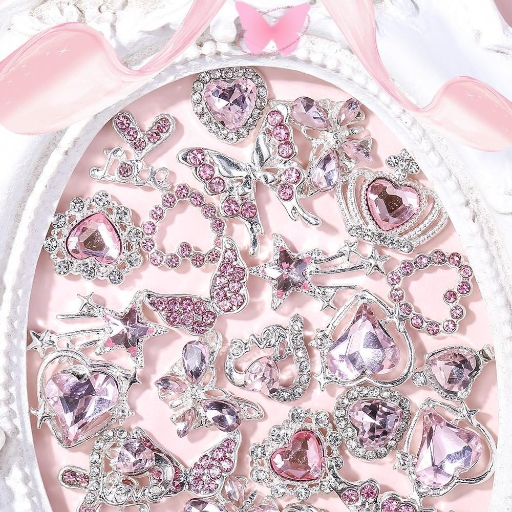 24pcs New Y2k Style Nail Art Rhinestone 3D Heart Star Bow Cherry DIY Nail Charms Resin and Alloy Nail Gems Decor Nail Supplies