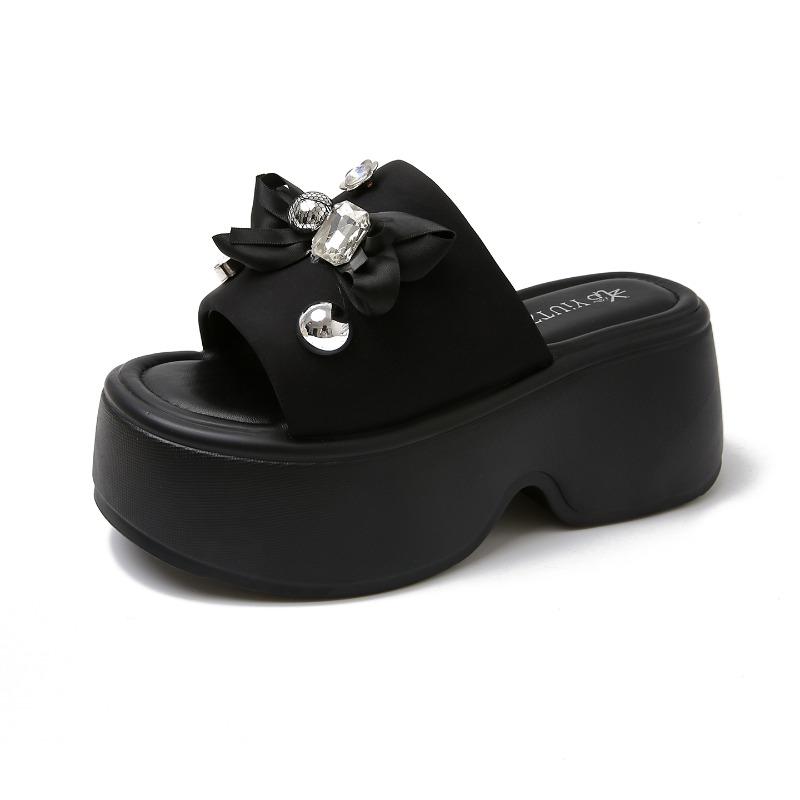 Fashion 8CM Women's Crystal Flower Platform Slides Bowtie Sandals Wedge High Heel Summer Crystal Beach Slippers Comfortable Lady Shoes