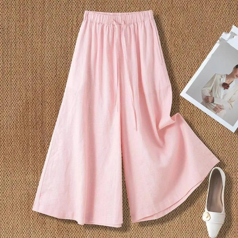 Women's Linen-Blend Wide Leg Pants, Elastic Waist Casual Culottes With Drawstring
