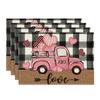 Valentine Placemats Set of 4, 12x18 Inch Black Red Buffalo Plaid Hearts Truck Love Table Mats for Party Kitchen Dining Decoration